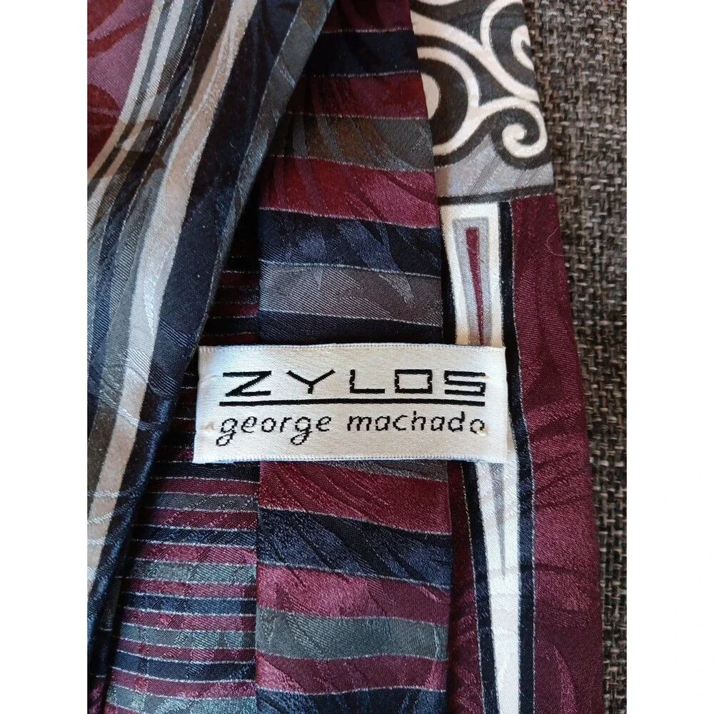 Tie 70s 80s 90s Y2K Mens George Machado Silk Gray Black Red 4 Wide 58 Long